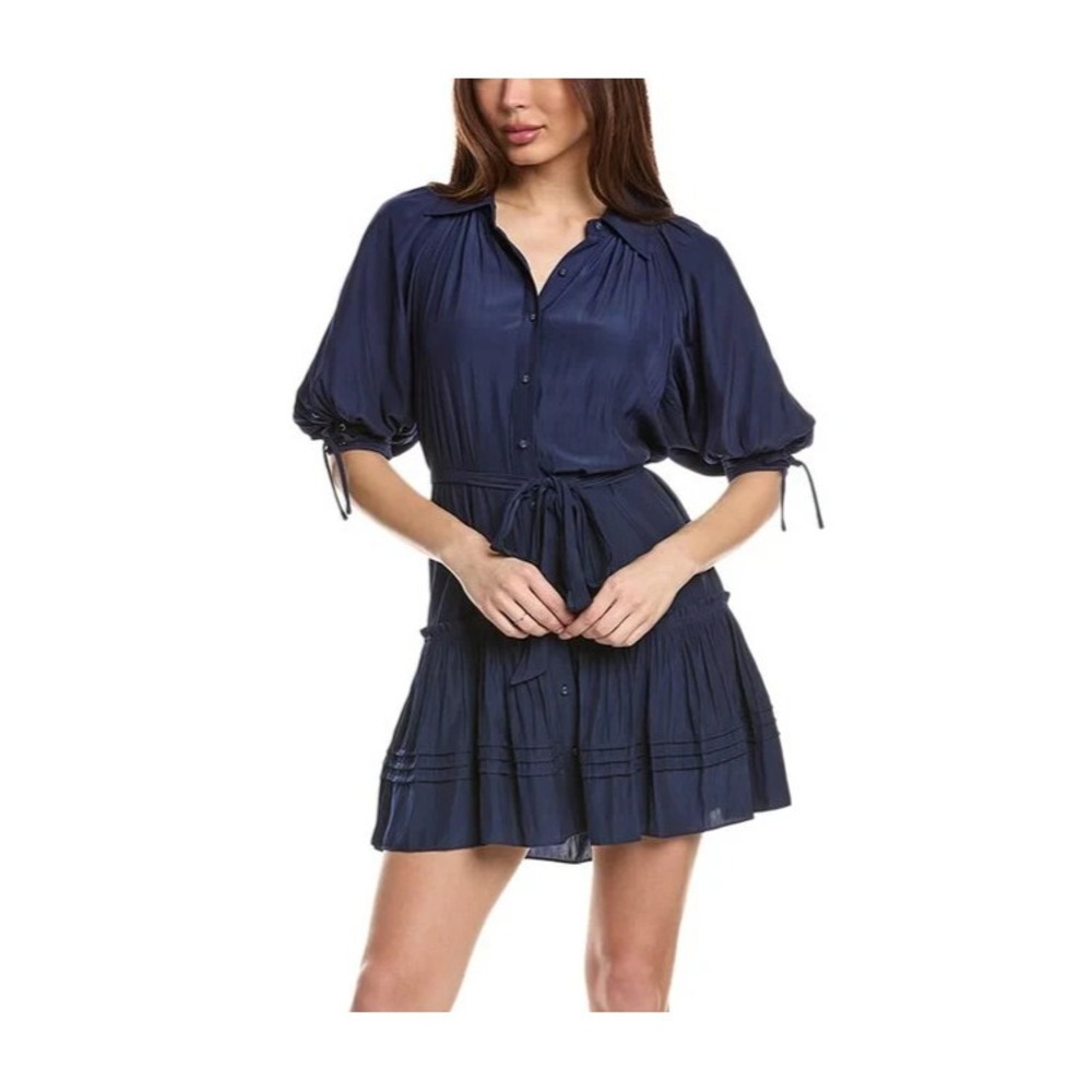 Ramy Brook Aliana‎ Short Dress Spring Navy Spread Collar Puff Sleeves Romantic